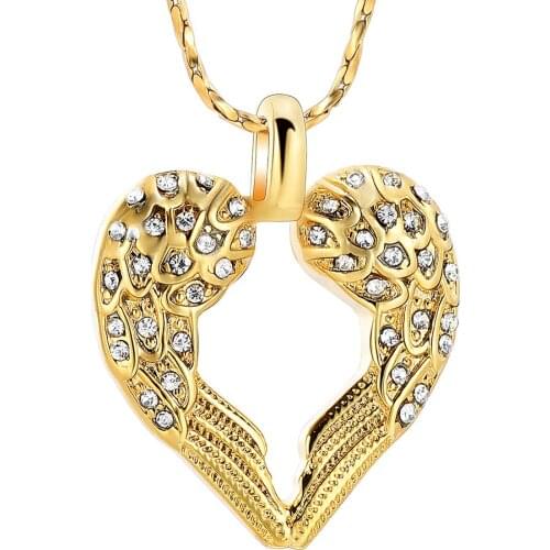 Crystal Angel Wings Heart Cremation Jewelry Pendant for Ashes Stainless Steel Keepsake Memorial Urn Necklace for Ashes
