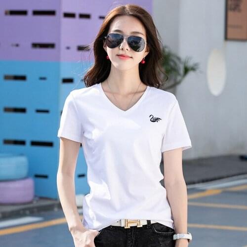 Casual Fashion Straight Mercerized Cotton T-shirt Female Double Sided Cotton Versatile Basic Embroidered Swan Short Sleeve Shirt
