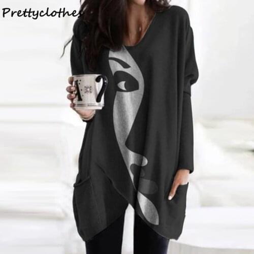 Abstract Printed Long-Sleeved Casual Pocket Top Women Oversized T-Shirt Female Styles Tops Loose WomenS Tee Shirt 2021 Clothes