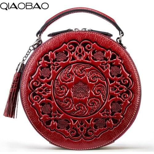 QIAOBAO New Fashion Women Floral Cowhide Flap Bag Genuine Leather High Quality Female Bag Designer Bolsos Lady Small Totes