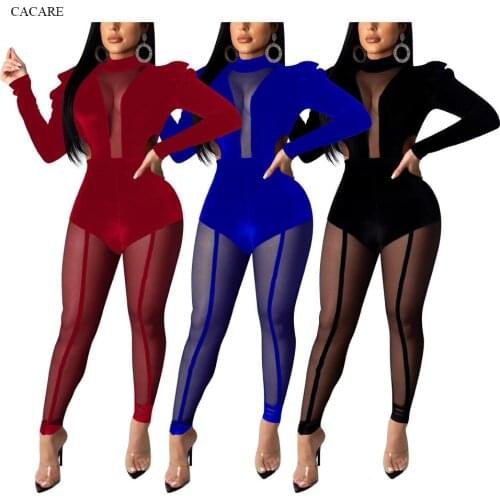 SALE Sexy Jumpsuit Women Summer See Through Turtleneck Bodysuit Lace Mesh Bodies Ladies Oneies F0529 Long Sleeve