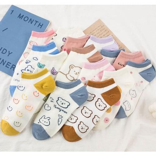 SP&CITY Bear Cartoon Patterned Cute Socks Women Student Girl Breathable Cotton Fnny Short Socks Summer invisible Thin Ankle Sock
