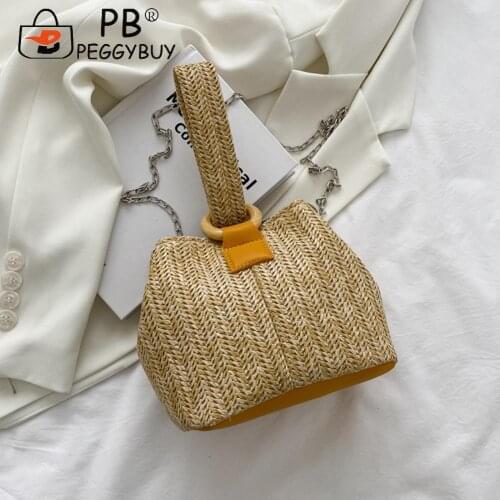 Fashion Beach Vacation Woven Chain Messenger Bucket Bag Casual Women Small Purse Ladies Summer Beach Large Purse