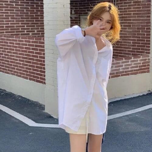 Zadily Korean Style Casual Loose Womens White Basic Shirt 2021 Autumn Button Up Ladies Blouse Pocket Work Female Clothing Tops