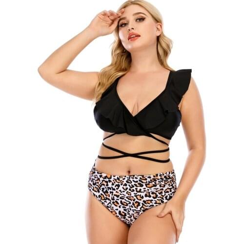 2021 New bikini leopard print print straps lotus leaf edge large size split swimsuit girl