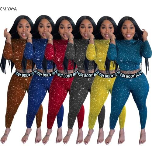 CM.YAYA Sports Star Body Letter Women Long Sleeve Tops Pencil Pants Suit Active Wear Tracksuit Two Piece Set Fitness Outfits