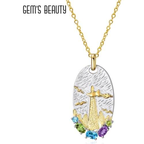 Gems Beauty 925 Sterling Silver Handmade Original Chain Pendants And Necklaces For Women Fine Jewelry Swiss Blue Topaz Amethyst