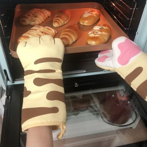 1 Pair 3D Cartoon Cat Paws Oven Mitts Long Cotton Baking Insulation Gloves Microwave Heat Resistant Non-slip Kitchen Oven Gloves
