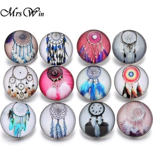 10pcs/Lot New Feather Dreamcatcher Pattern 18mm Glass Snap Buttons Jewelry for 18mm Snap Button Bracelet Bangle Snaps Jewelry