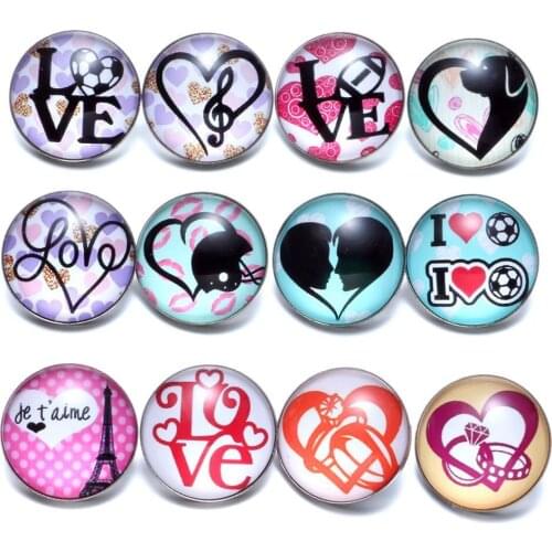12pcs/lot Cute Love Hearts Theme Glass Charms 18mm Snap Button Jewelry For 20mm Snaps Bracelet Snap Jewelry KZ0694b