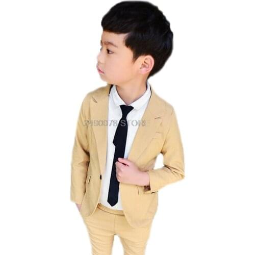 Flowers Boys Khaki Blazer Jacket+Pants 2Pcs Clothing Set Kids Wedding Party Dress School Kids kindergarten Ceremony Costume