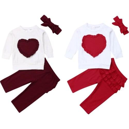 3pcs Toddler Baby Girls Heart-shaped Long-sleeved Kids T-shirt Tops Long Pants Leggings Headband Autumn Winter Girl Clothes