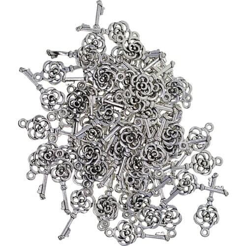 50 Antique Tibetan Silver Filigree Flower Keys Charms Pendant Jewelry Making