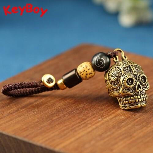 Brass Punk Skull Head Keychains Pendants Pure Copper Metal Skeleton Helmet Motorcycle Car Key Chain Rings Braied Rope Keyrings