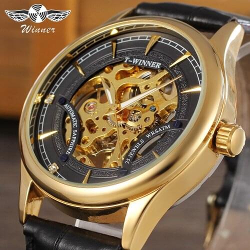 Winner 2019 Fashion Black Golden Star Luxury Design Clock Mens Watch Top Brand Luxury Mechanical Skeleton Watch Male Wrist Watch