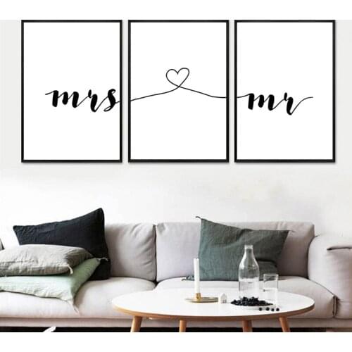 Black And White Love Phrase Mr & Mrs Canvas Painting Posters And Prints Living Room Bedroom Wall Art Pictures Home Decoration