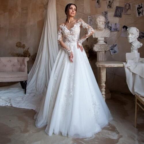 Eightale Boho Wedding Dress Scoop Appliques Lace Wedding Gown Long Sleeves White Elegant Bridal Dress robes de mariée sirène
