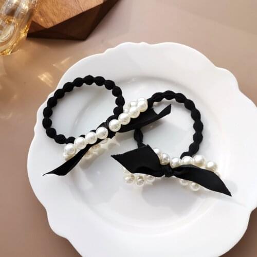 French Hepburn Style Black Pearl Bow Hair Ties Fashion Hairband Scrunchies Girls Ponytail Holders Rubber Band Hair Accessories