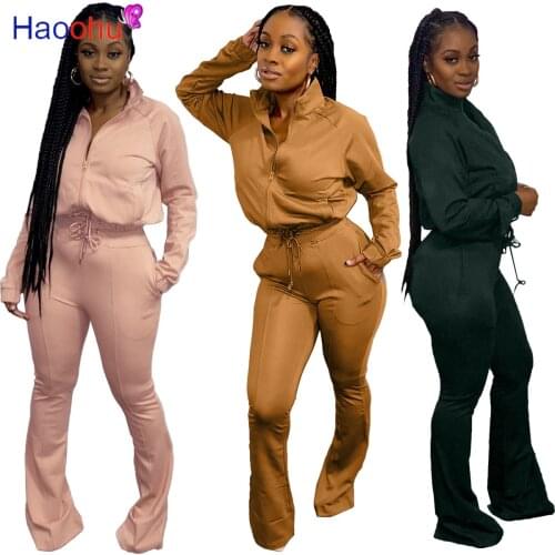 HAOOHU Streetwear Tracksuits 2 Two Piece Set Women Outfits Fall Winter Sweat Suit Matching Sets Jackets Flare Pants Female