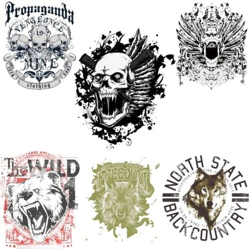 Personality Trend skull Bear Wolf Pattern Applique on Clothes Heat-sensitive Patches Heat Vinyl Ironing Stickers Decor