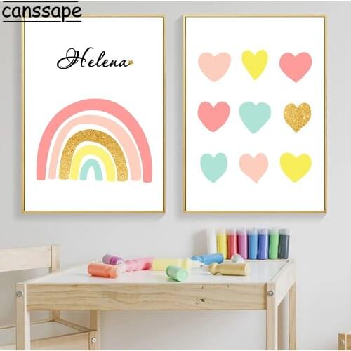 Nordic Poster Nursery Canvas Painting Watercolor Rainbow Custom Name Print Pink Heart Poster Baby Kids Room Picture Wall Decor