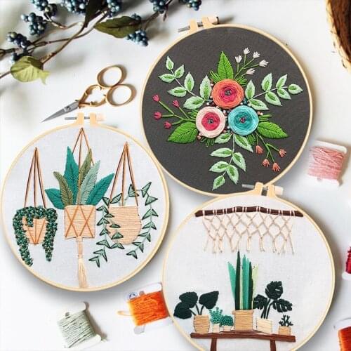 Creative DIY Flowers Plants Printed Beginner Embroidery Kit Fabric Threads Material Bag Sewing Needlework Tools Wall Painting