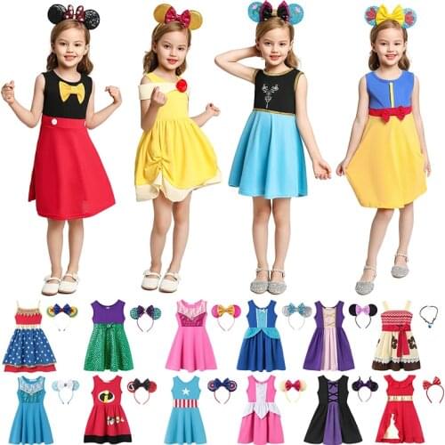 VOGUEON Girls Summer Dress Snow White Dress Up Fancy Baby Girl Clothing Belle Anna Elsa Moana Rapunzel Mickey Princess Dresses