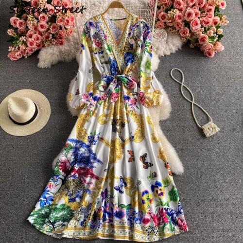 Maxi Dresses for Women Fashion V Neck Retro Elegant Printing Puff Sleeve Sexy Dress Y2k Clothing Women Vestido De Mujer Vintage