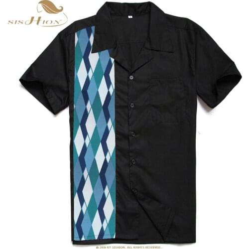 SISHION Geometric Button Up Black Shirt Short Sleeve Cotton Vintage Retro 1950s Rockabilly Men Shirts Top Clothing ST110