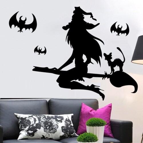 Bat Witch Black Cat Wall Stickers For Shop Home Decoration Diy Window Decal Halloween Festival Vinyl Posters Mural Art Kids Gift