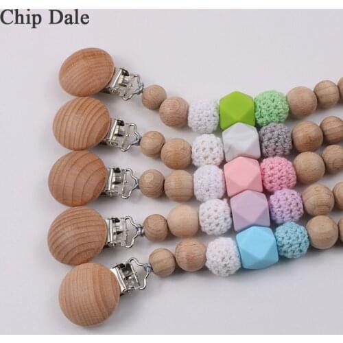Chip Dale Beech Wood Beads Baby Pacifier Chain Wooden Attache Sucette Crochet Baby Nipple Silicone Pacifier Clips Chain