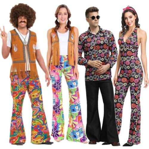 60s 70s Couples Retro Floral Hippies Cosplay Love And Peace Halloween Costume for Adult Party Fringed Native Night Club Outfit