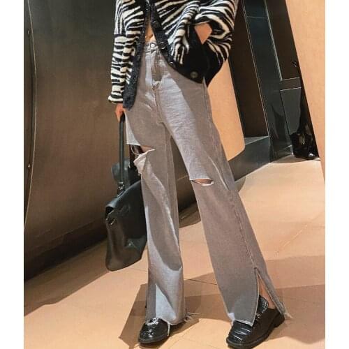 High Waist Grey Ripped Jeans Women Streetwear Baggy Harajuku Wide Leg Jeans Female Trousers 2021 Vintage Straight Long Pants
