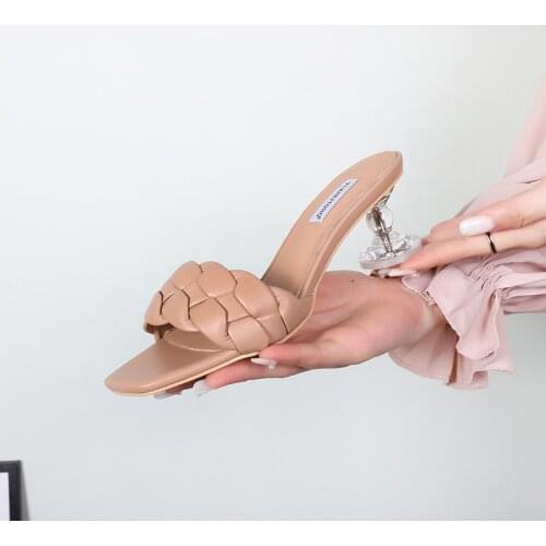 2020 New Design Weave Women Slipper Ladies Thin High Heel Sandal Open Toe Slip On Summer Outdoor Slides Flip Flop Shoe34-40