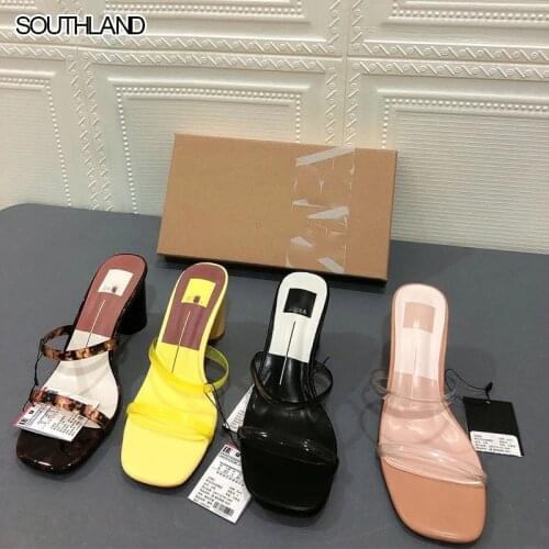 SOUTHLAND Womens shoes 2021 new thick heel sandals open toe with transparent square toe mid-high heel sandals and slippers