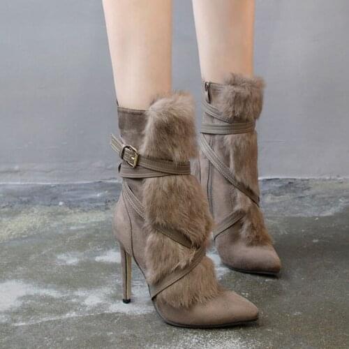 Western cross-band faux fur chelsea boots real rabbit hair velvet mid-calf botas khaki zipper pointy toe knight botines mujer 40
