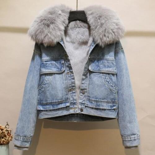 2021 Korean Detachable Rabbit Fur Liner Jean Coat Plus Velvet Real Fox Fur Collar Short Denim Fur Jacket Thick Parkas for Women