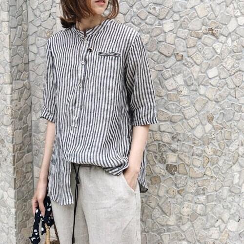 Summer womens large cotton and linen vertical stripe round neck art linen thin medium sleeve shirt 2020-04