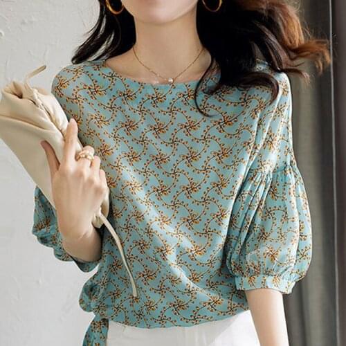 Womens Spring Summer Chiffon Blouses Shirt Womens Half Sleeve Printed O-neck Casual Elegant Tops blusas mujer