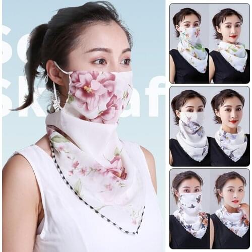 Women Chiffon Mask Scarf Face Wraps Floral Print Silk Headband Sunscreen Multi-function Scarf Breathable Anti-dust