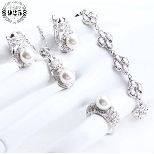 Luxury Pearls Silver 925 Bridal Jewelry Sets Women Wedding Jewelry White CZ Pendants Charms Bracelet Rings Earrings Necklace Set