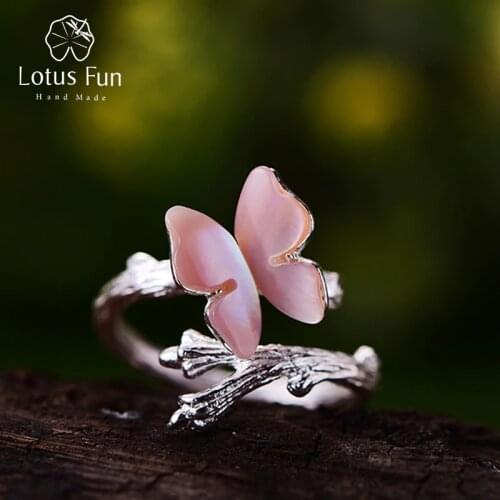 Lotus Fun Real 925 Sterling Silver Ring Natural Original Designer Fine Jewelry Cute Butterfly on Branch Open Rings for Women