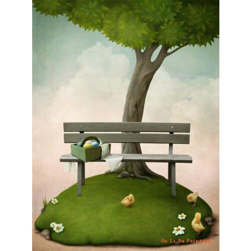 Free shipping modern green tree chick bench scenery oil painting canvas painting on canvas kid room wall art decoration pictures