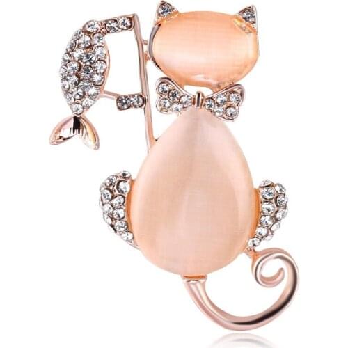 2021 Fashion Rhinestone Opal Cat Kitten Brooch for Women Wedding Brooches Pin Collar Scarf Decoration Fashion Animal Jewelry