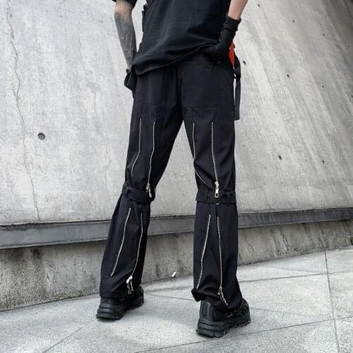 Puck rock Zipper pants men Black color Straight trousers Loose Spring Summer Autumn