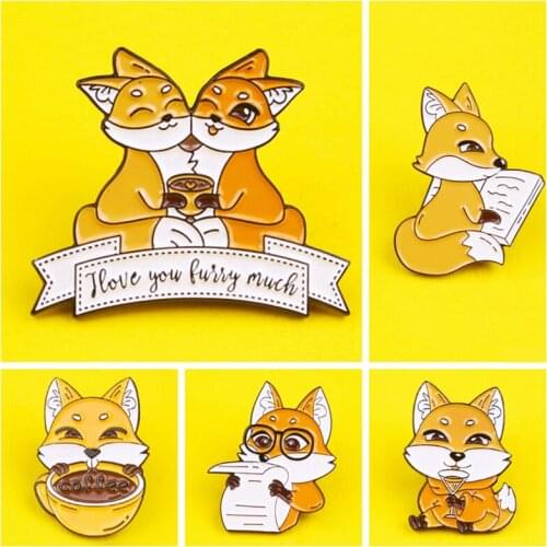 I LOVE YOU KUIIY MUCH Fox Coffee Enamel Pin Newspaper Brooches Bag Lapel Pins Cartoon Animal Badge Jewelry Gift for Kids Friends