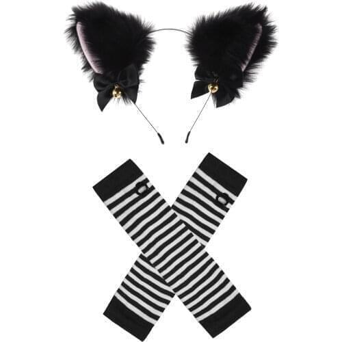 Halloween Cosplay Cat Ear Party Costume Bow Tie Bell Headwear Headband with Long Arm Fingerless Gloves Fox Plush Hair Accessorie