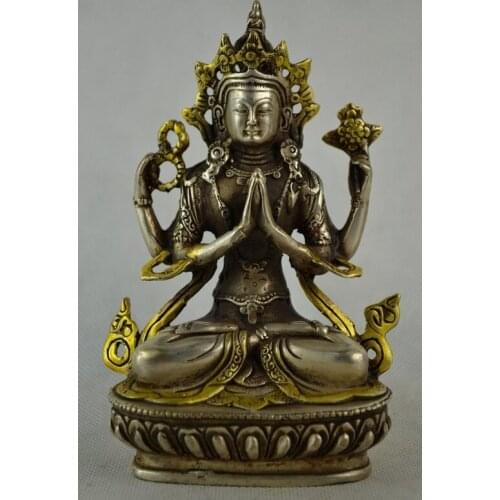 Exquisite Chinese Old Handwork Miao Silver Gilding Buddha Exorcism Auspicious Statue