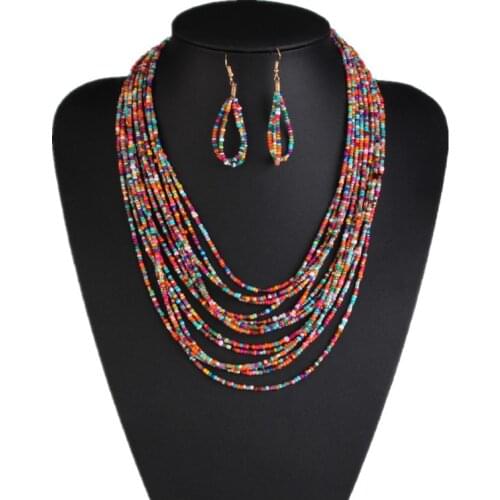 Classic Bohemian Multi Layer Beads Choker Necklace Earrings Set Fashion Popular Jewelry Set Women Collier Jewelry Sets Collar