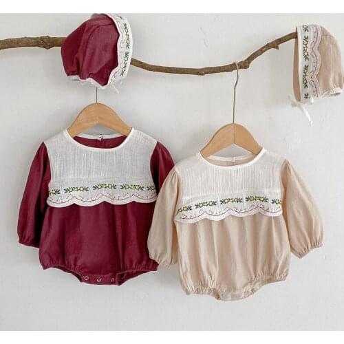 Korean Style Spring Autumn Baby Girls Clothes Toddler Baby Girl Flower Embroidery Romper+Hat Infant Baby Girls Jumpsuit